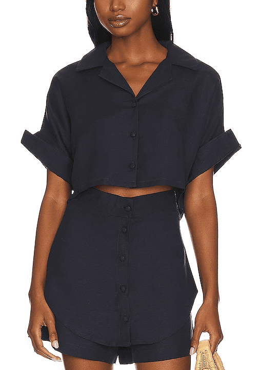 Drop Sleeve Short Shirt In Linen Navy Blue - Image 1