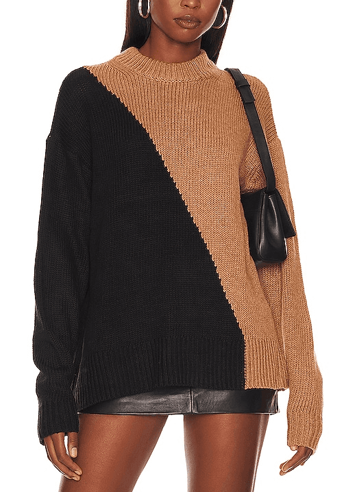 Dagan Color Block Crewneck In Black & Camel - Image 1