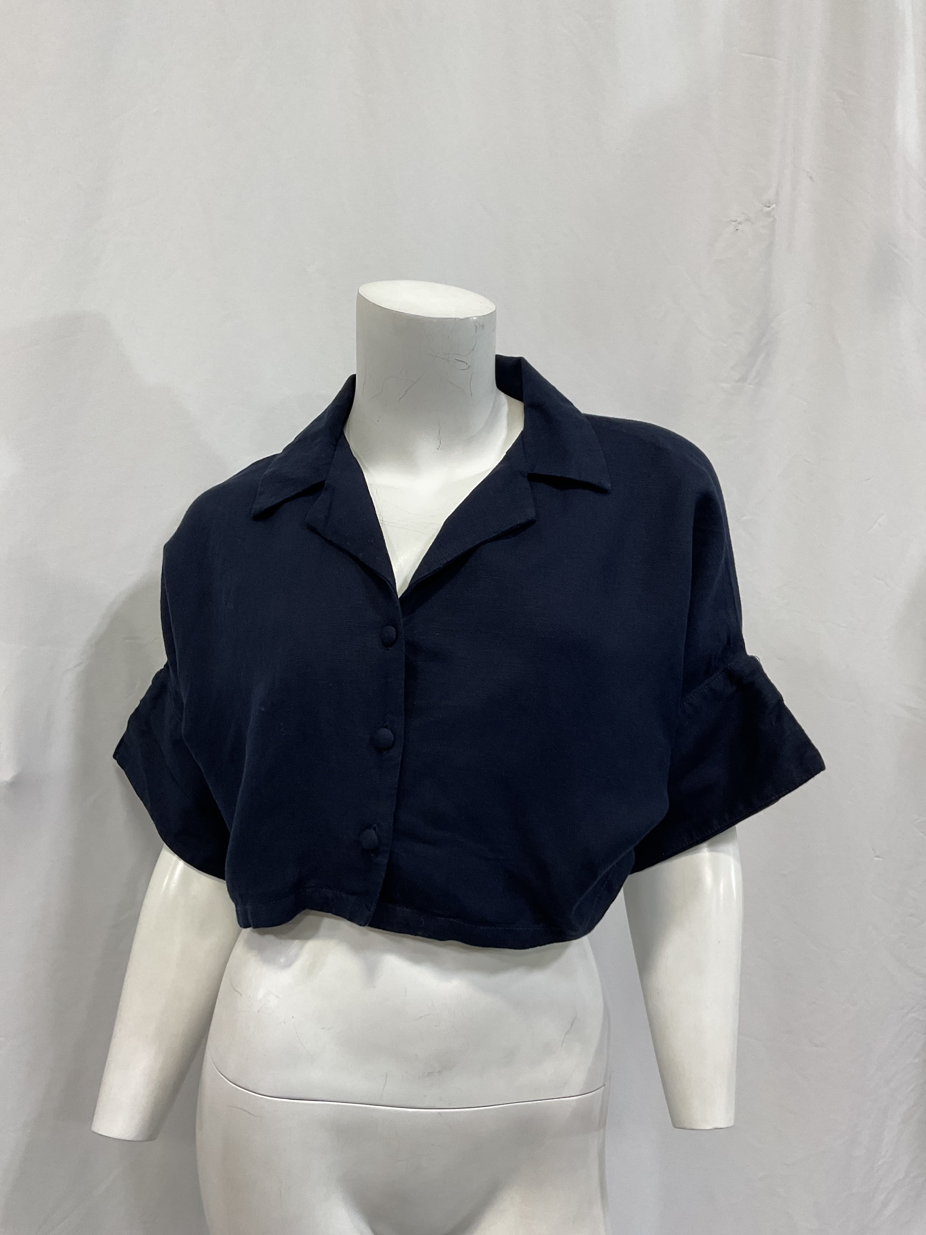 Drop Sleeve Short Shirt In Linen Navy Blue - Image 2