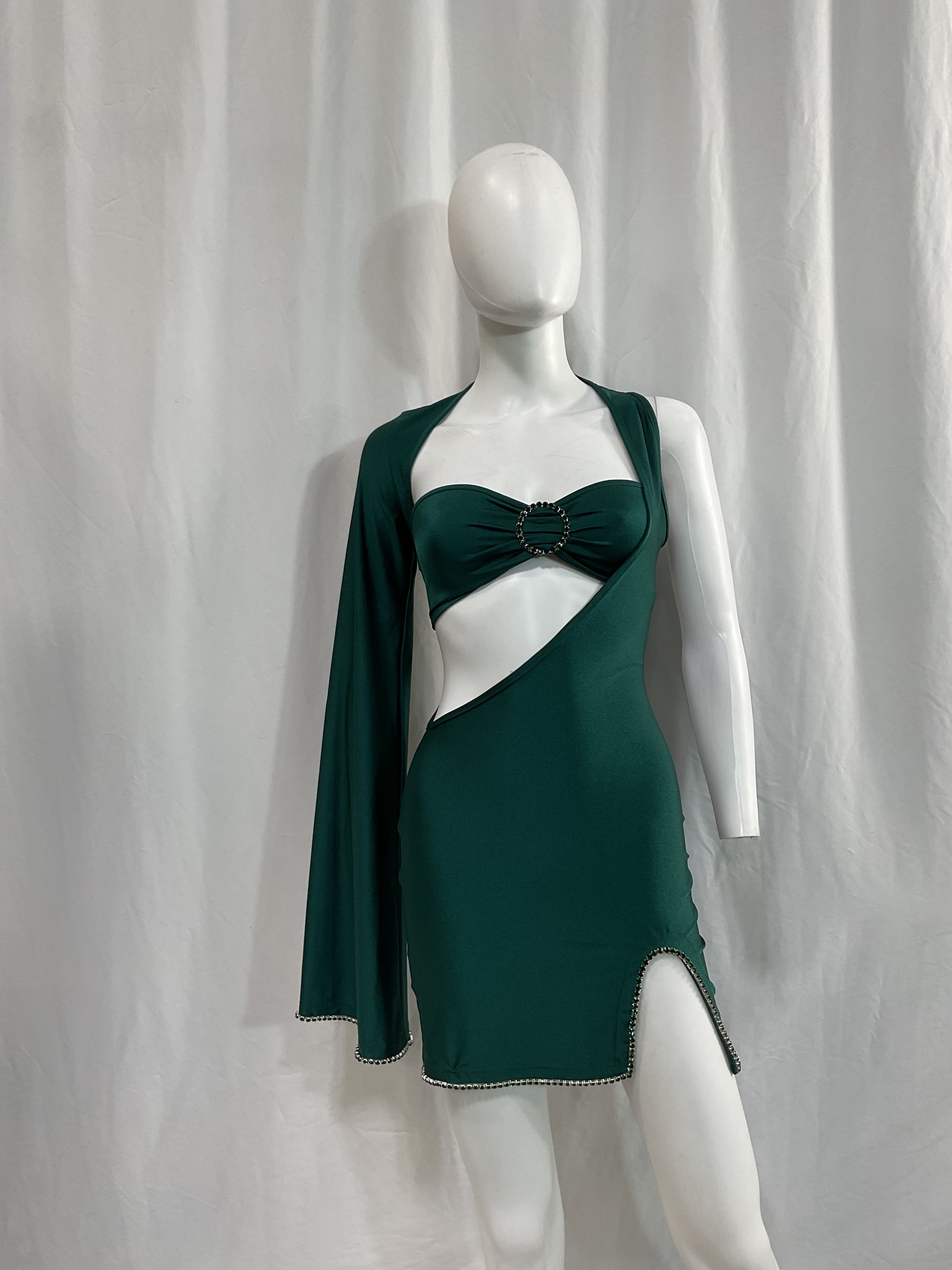 Knur Diamante Trim Mini Dress In Green - Image 2