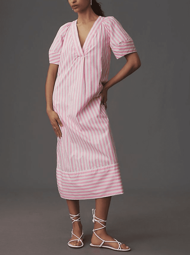 Puff-Sleeve V-Neck Midi Dress - Image 1