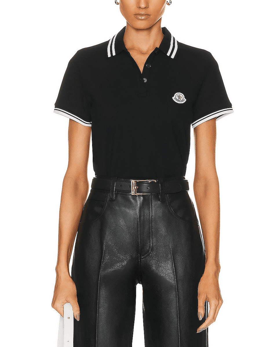 Striped Collar Short Sleeve Polo Top In Black - Image 1