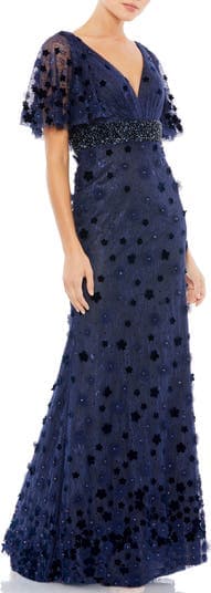 Floral Appliqu Flutter Sleeve Lace Gown - Image 1