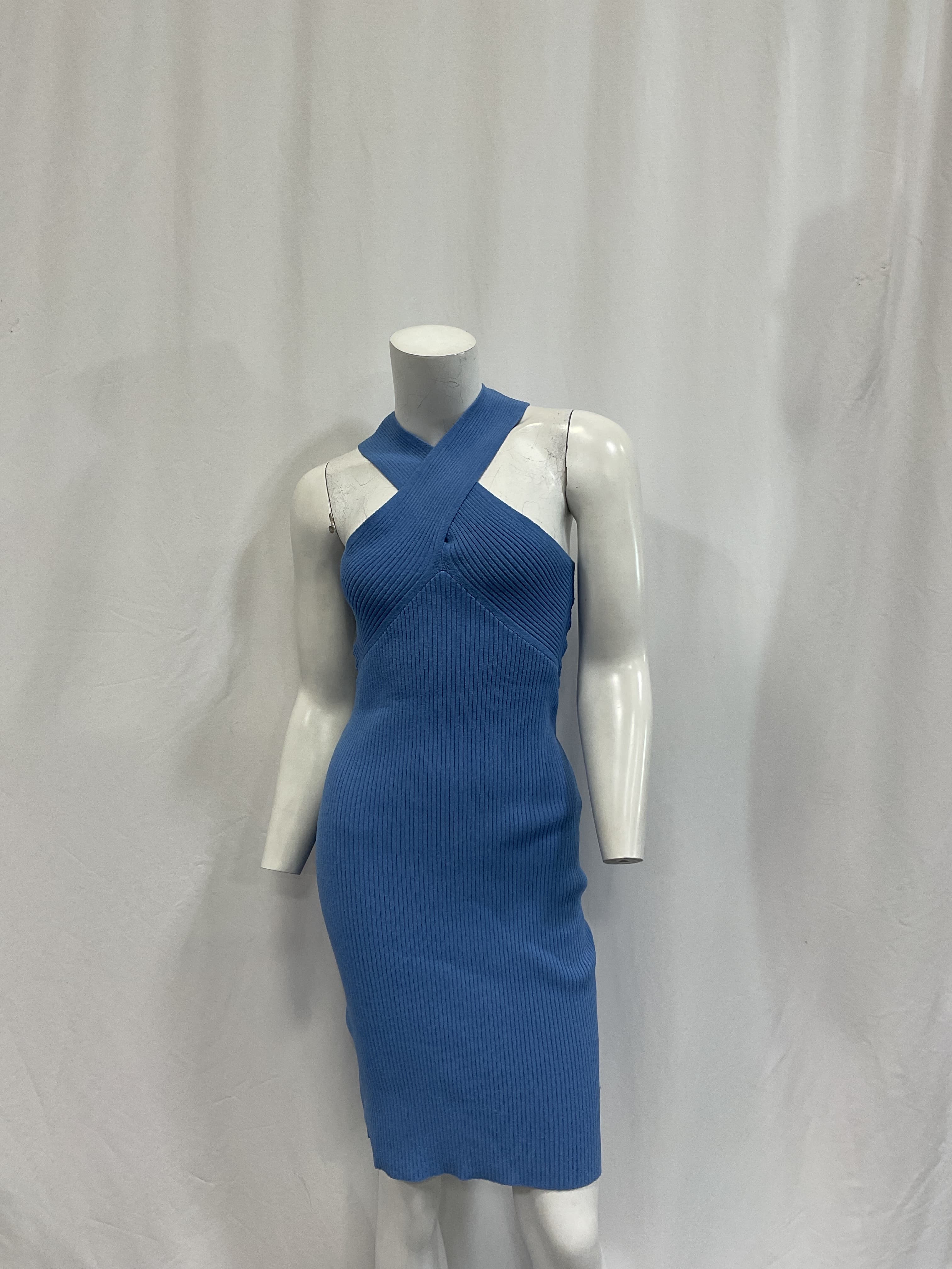 Rib Crisscross Halter Dress In Sapphire - Image 3