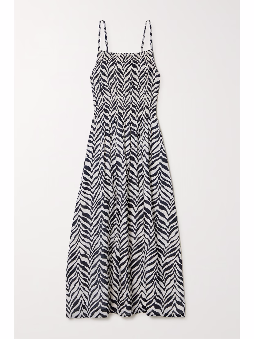 Nolie Shirred Zebra-Print Cotton-Voile Midi Dress - Image 1