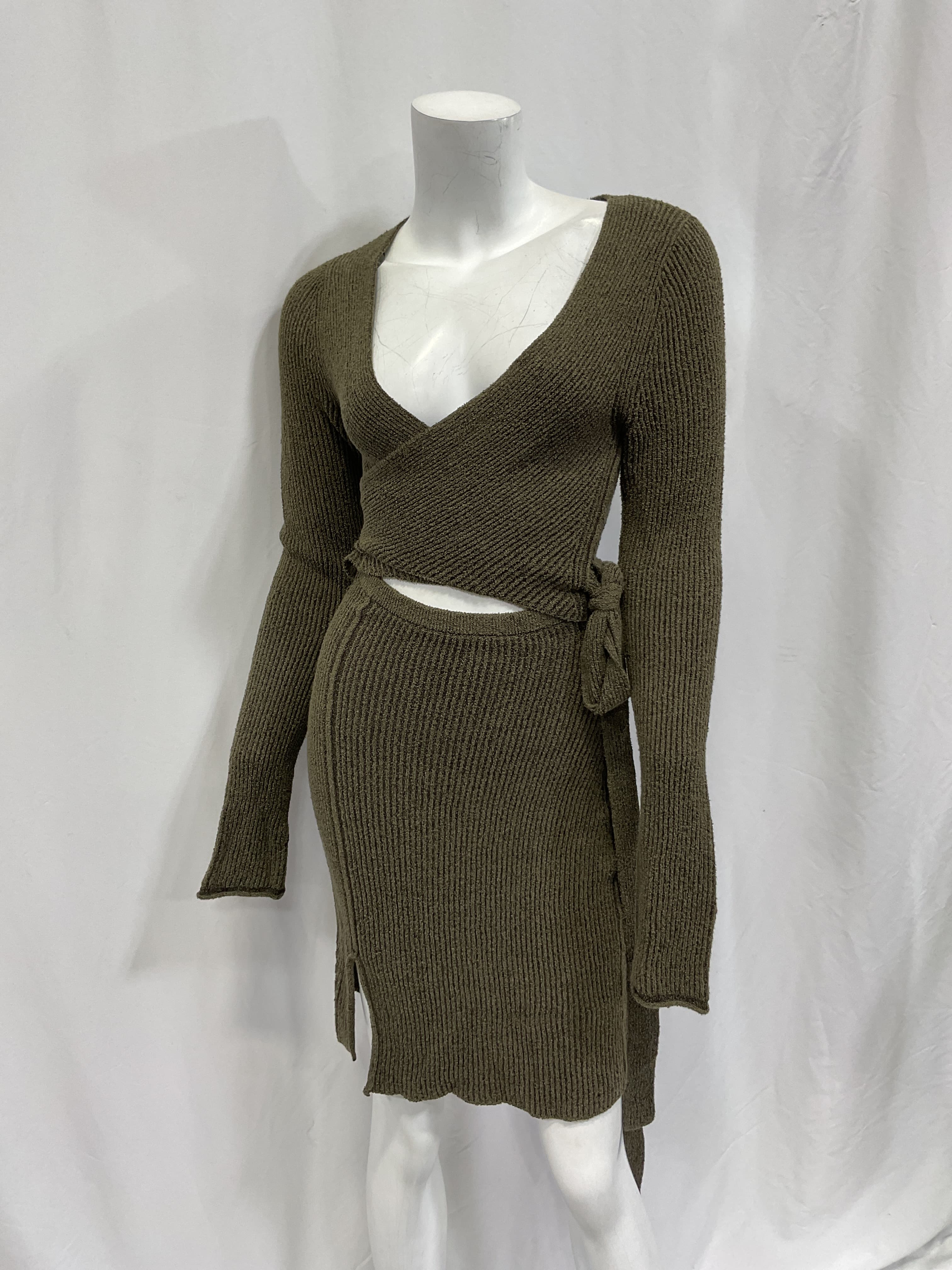Long Sleeve Belted Dress In Dark Khaki Green - Image 2