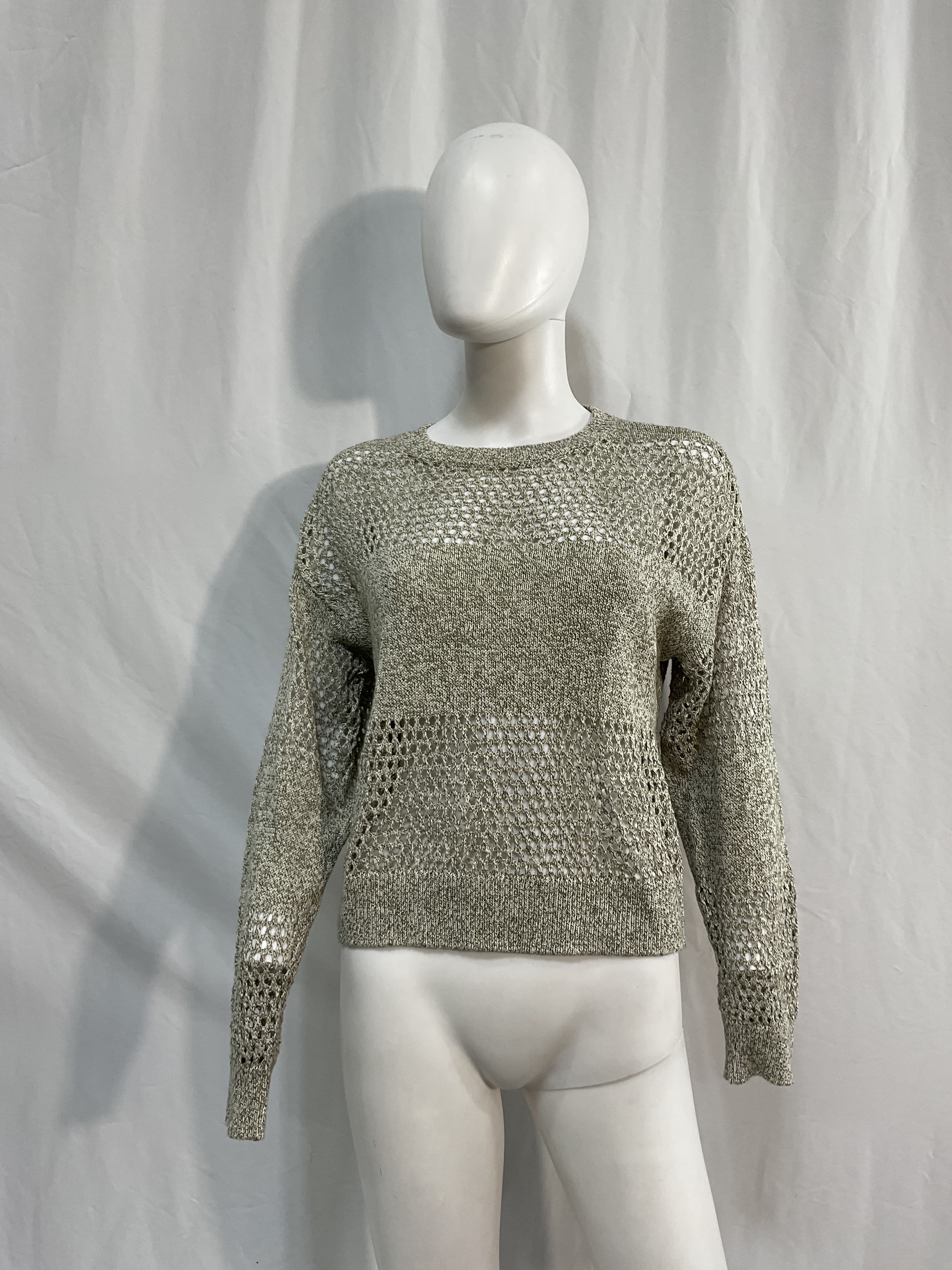 Cotton Linen Blend Open Knit Crew Neck Sweater - Image 3