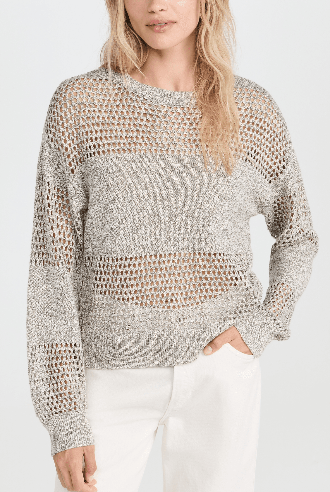 Cotton Linen Blend Open Knit Crew Neck Sweater - Image 1