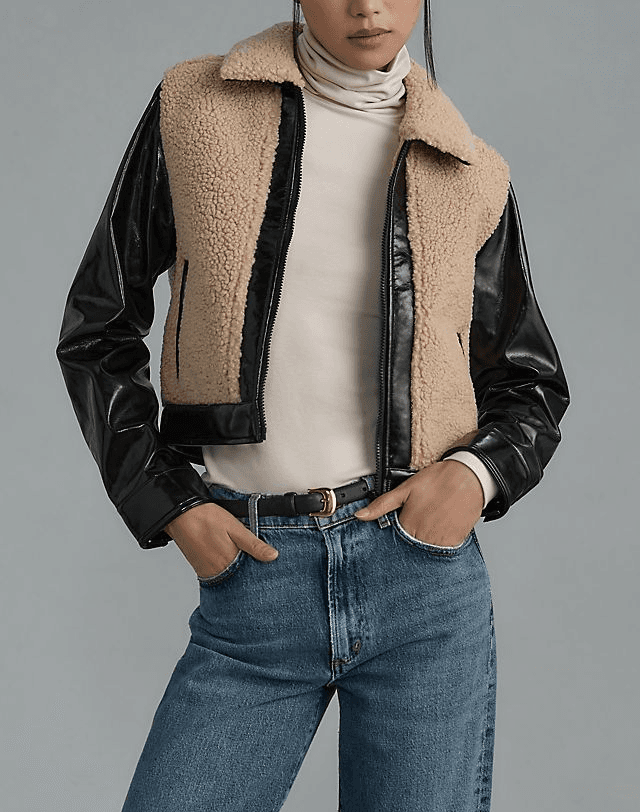 Maeve Faux-Leather Sherpa Cropped Jacket - Image 1