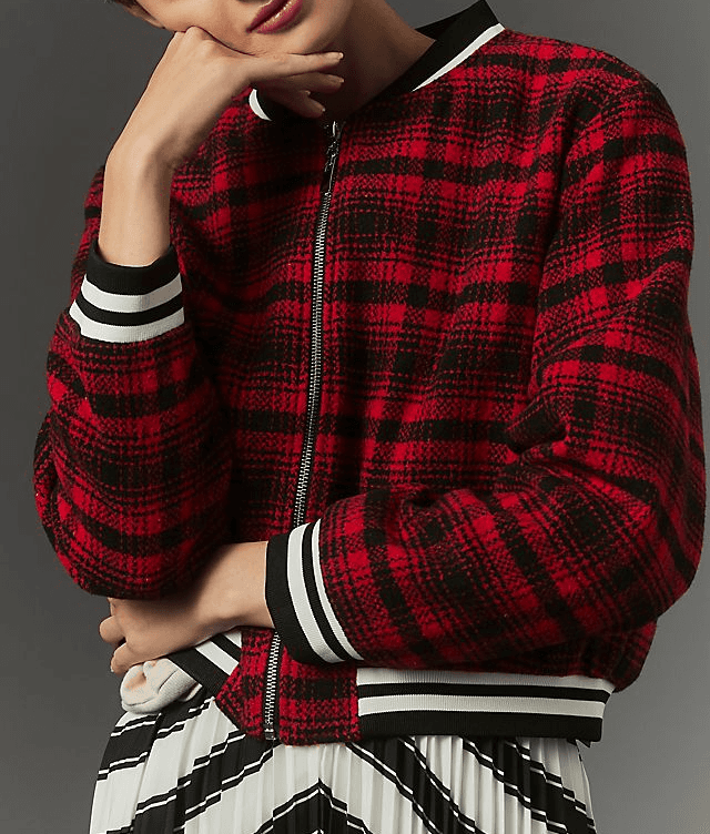 Maeve Plaid Tweed Sporty Bomber Jacket - Image 1