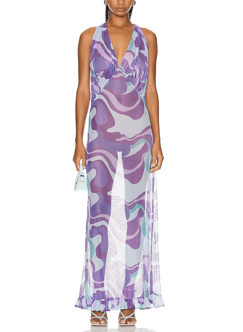 Wave Halterneck Frilled Long Dress In Unique - Image 1