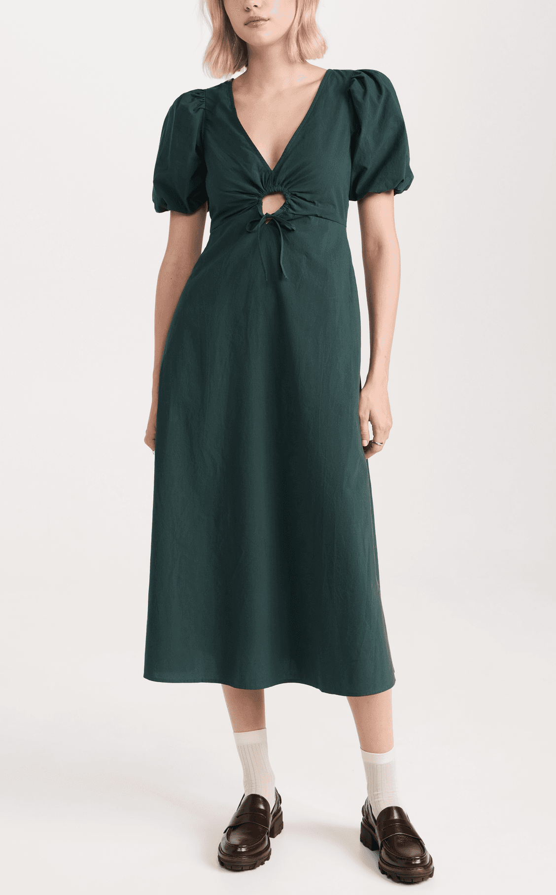 Poplin Cutout Puff-Sleeve Midi Dress - Image 1