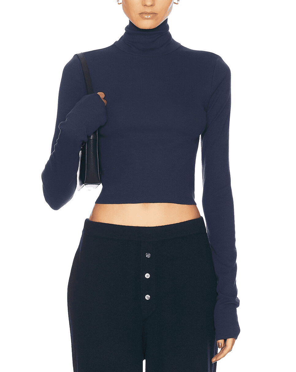 Cropped Fitted Turtleneck Top In Navy - Image 1