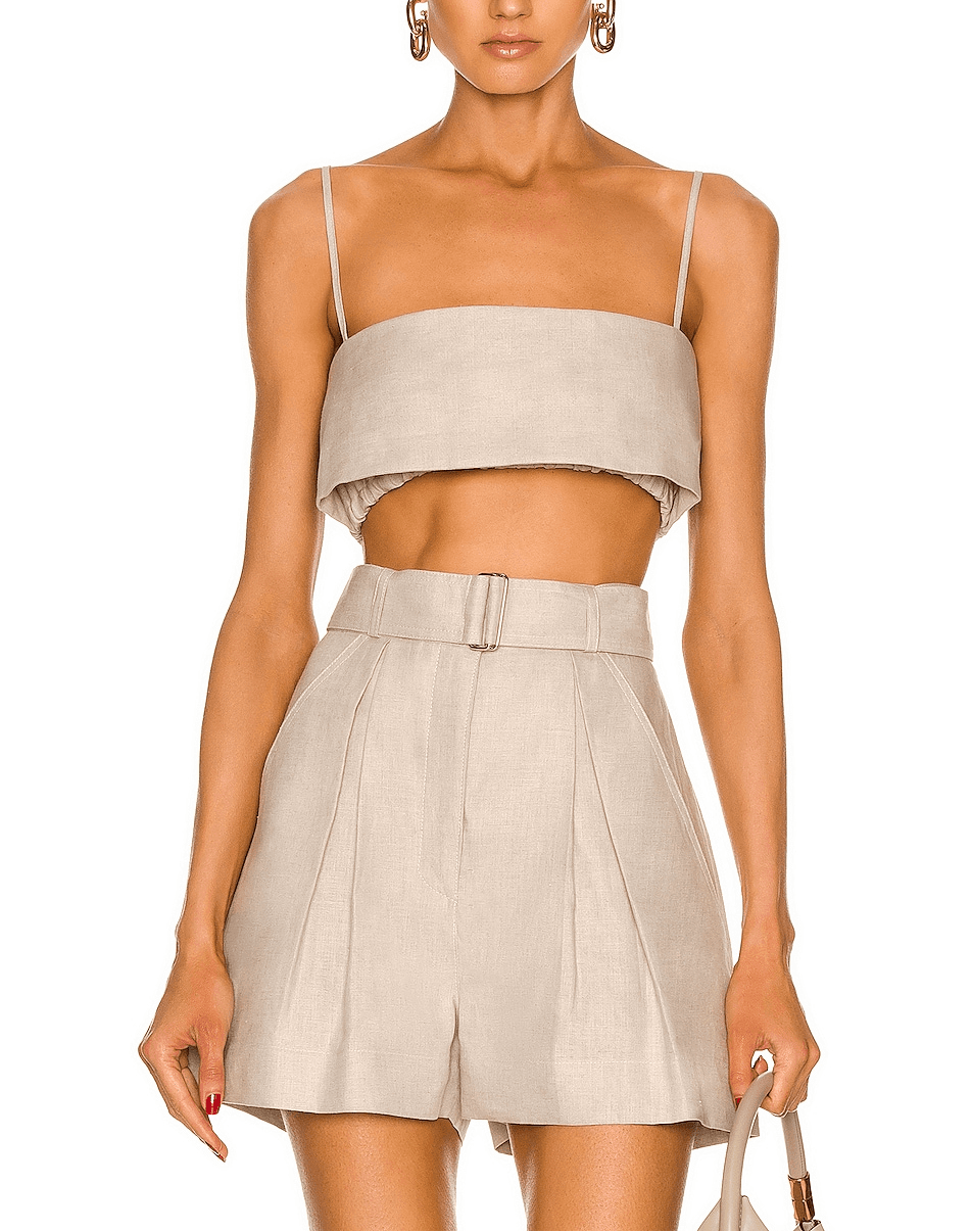 Structured Bandeau Crop Top In Oatmeal Linen - Image 1