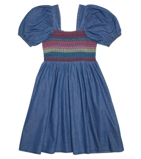 Kids Puff-Sleeved Ruched Chambray Dress - Image 1