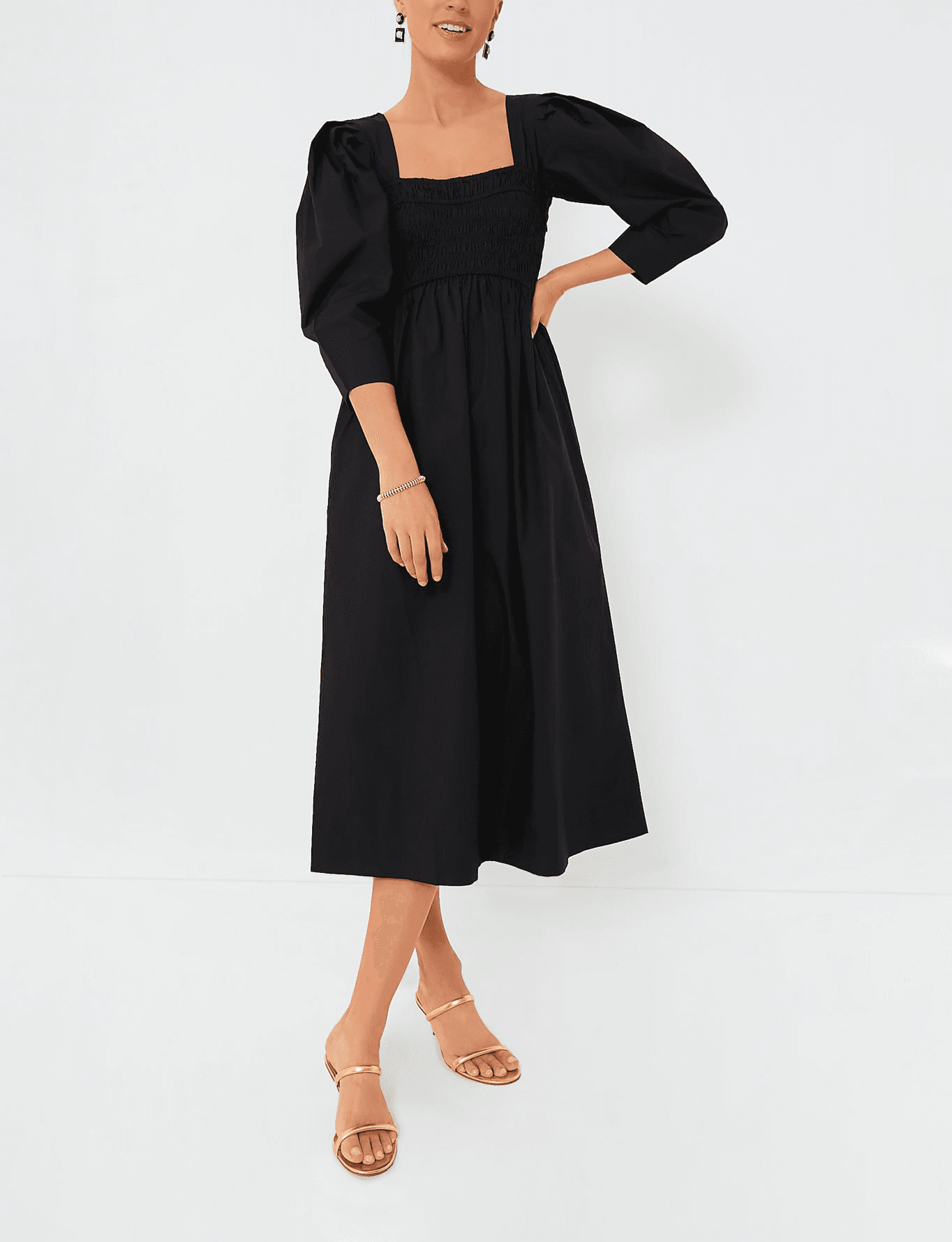 Black Cotton Poplin Open-Neck Smock Long Dress - Image 1