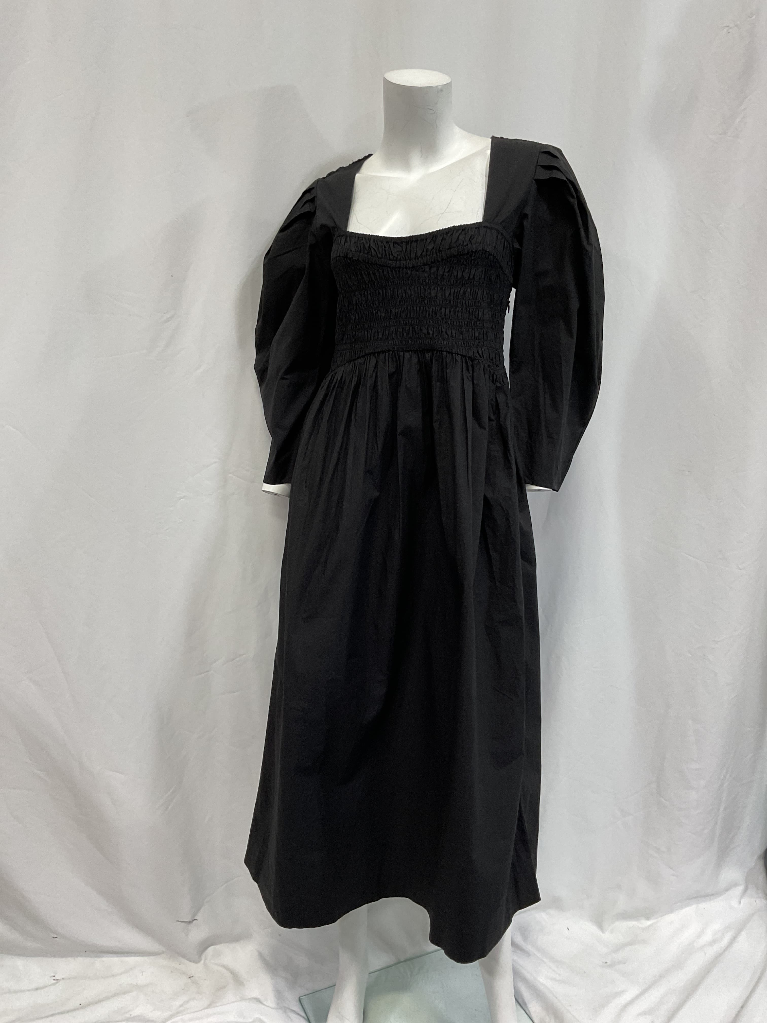 Black Cotton Poplin Open-Neck Smock Long Dress - Image 2