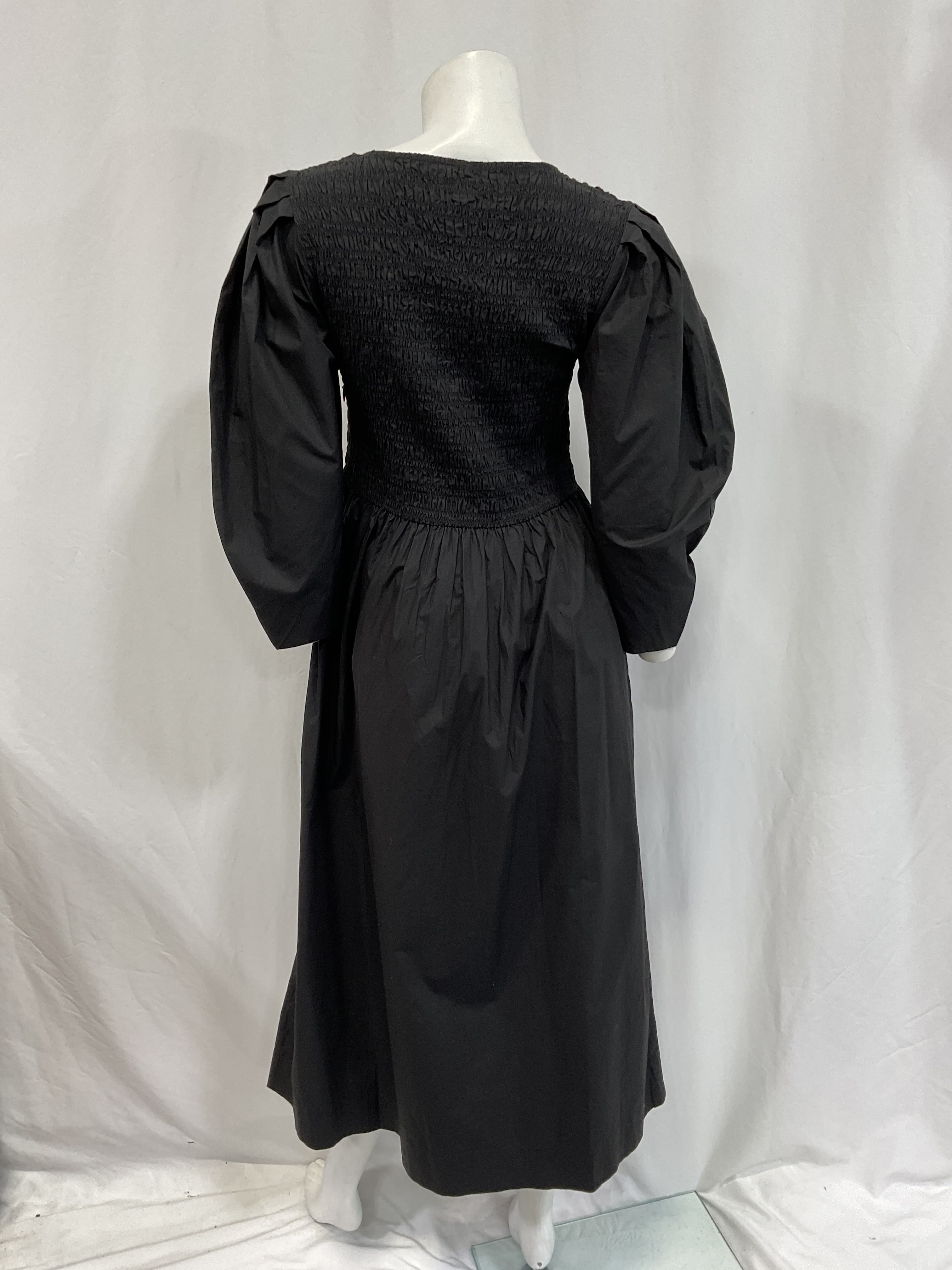 Black Cotton Poplin Open-Neck Smock Long Dress - Image 3