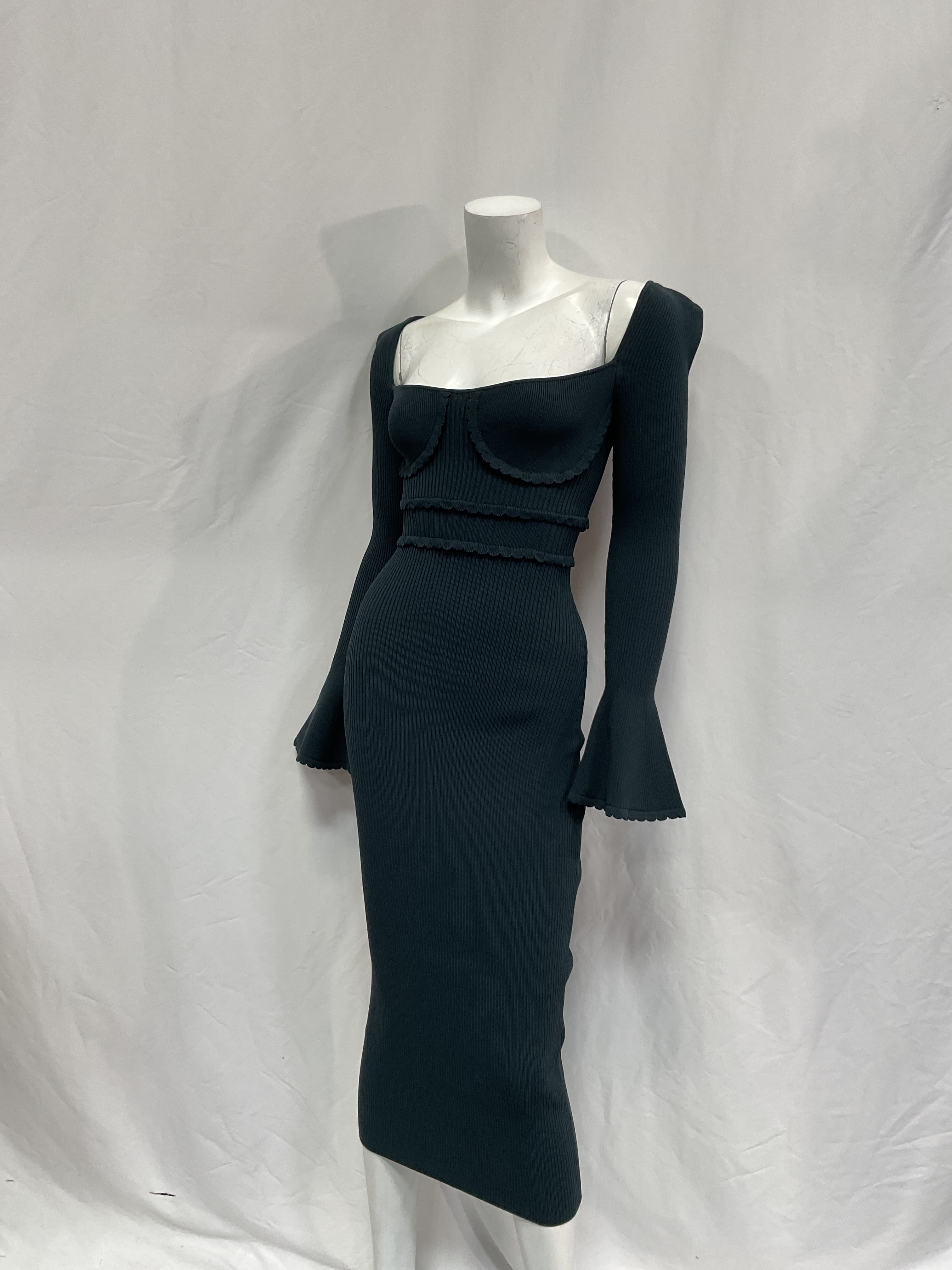 Knit Scallop Edge Midi Dress In Khaki - Image 2
