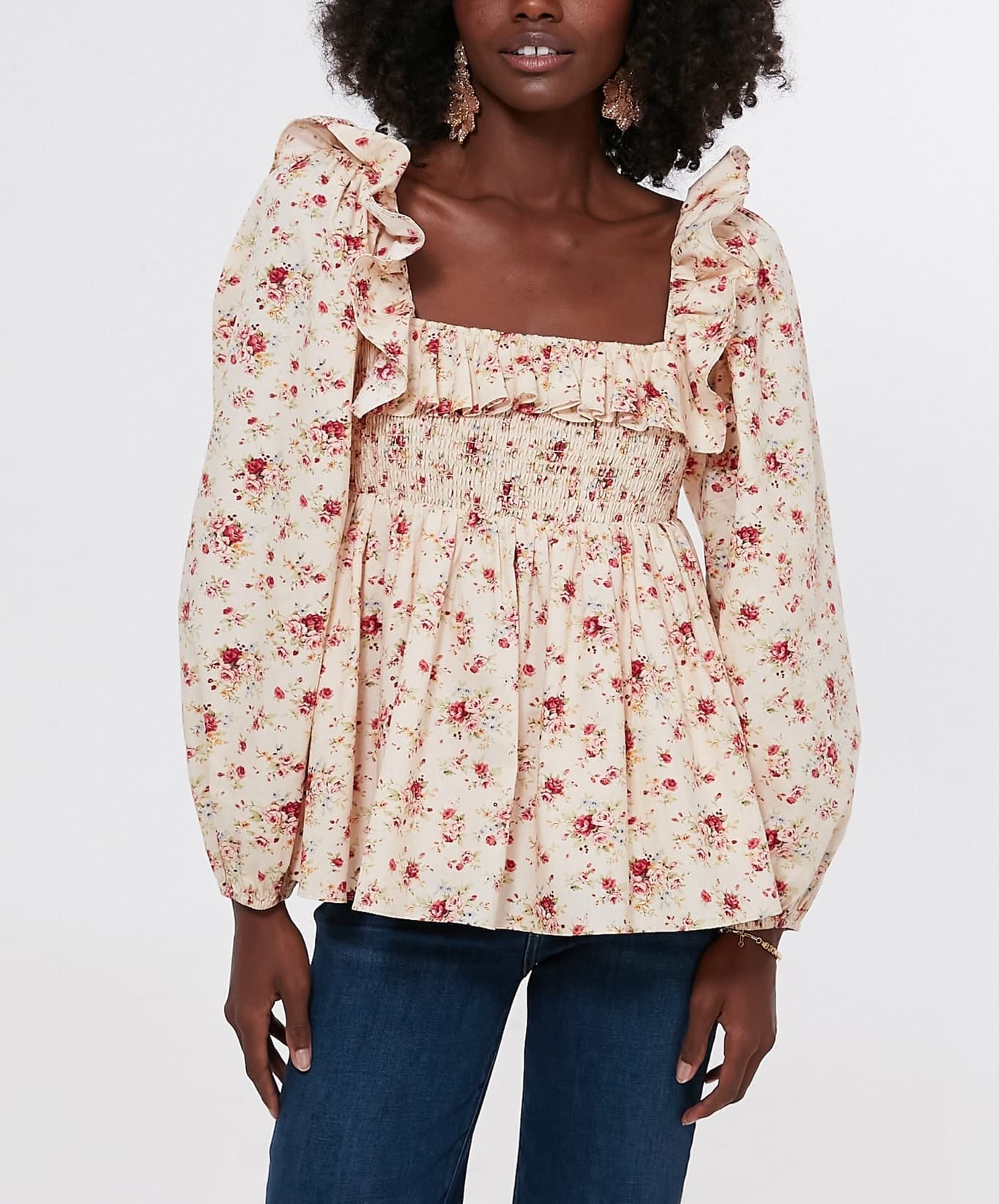 Cream Floral Ruffle Sleeve Addison Blouse - Image 1