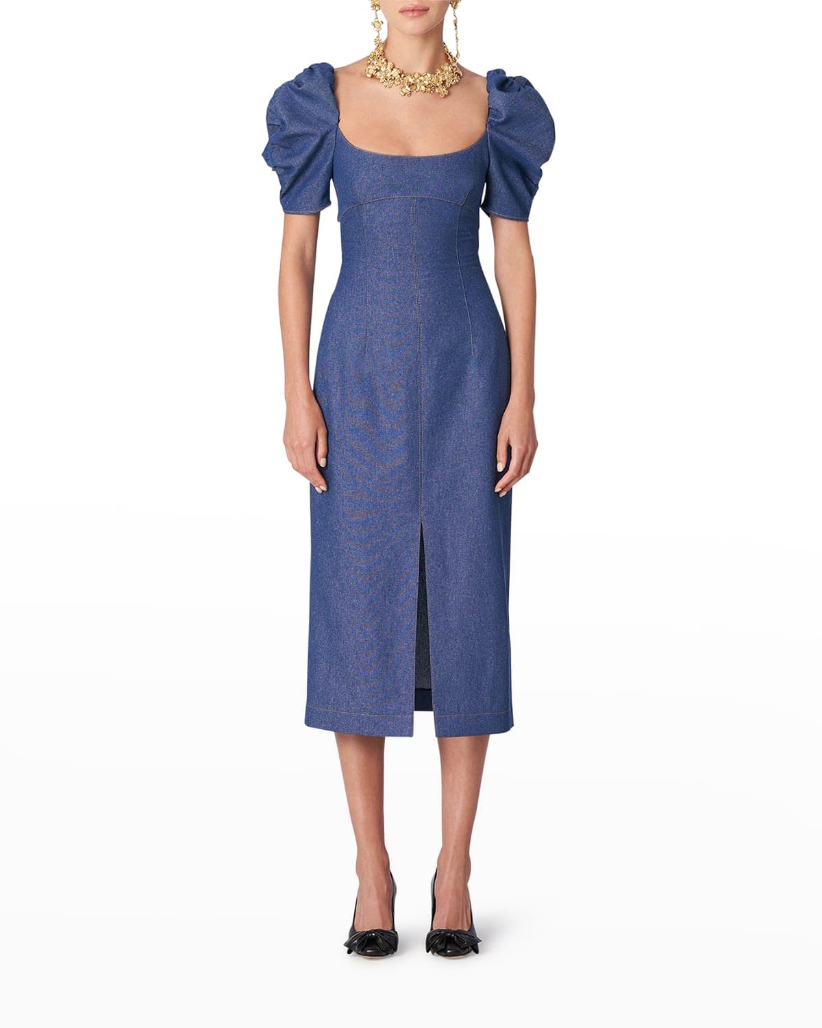 Puff-Sleeve Bustier Denim Dress - Image 1