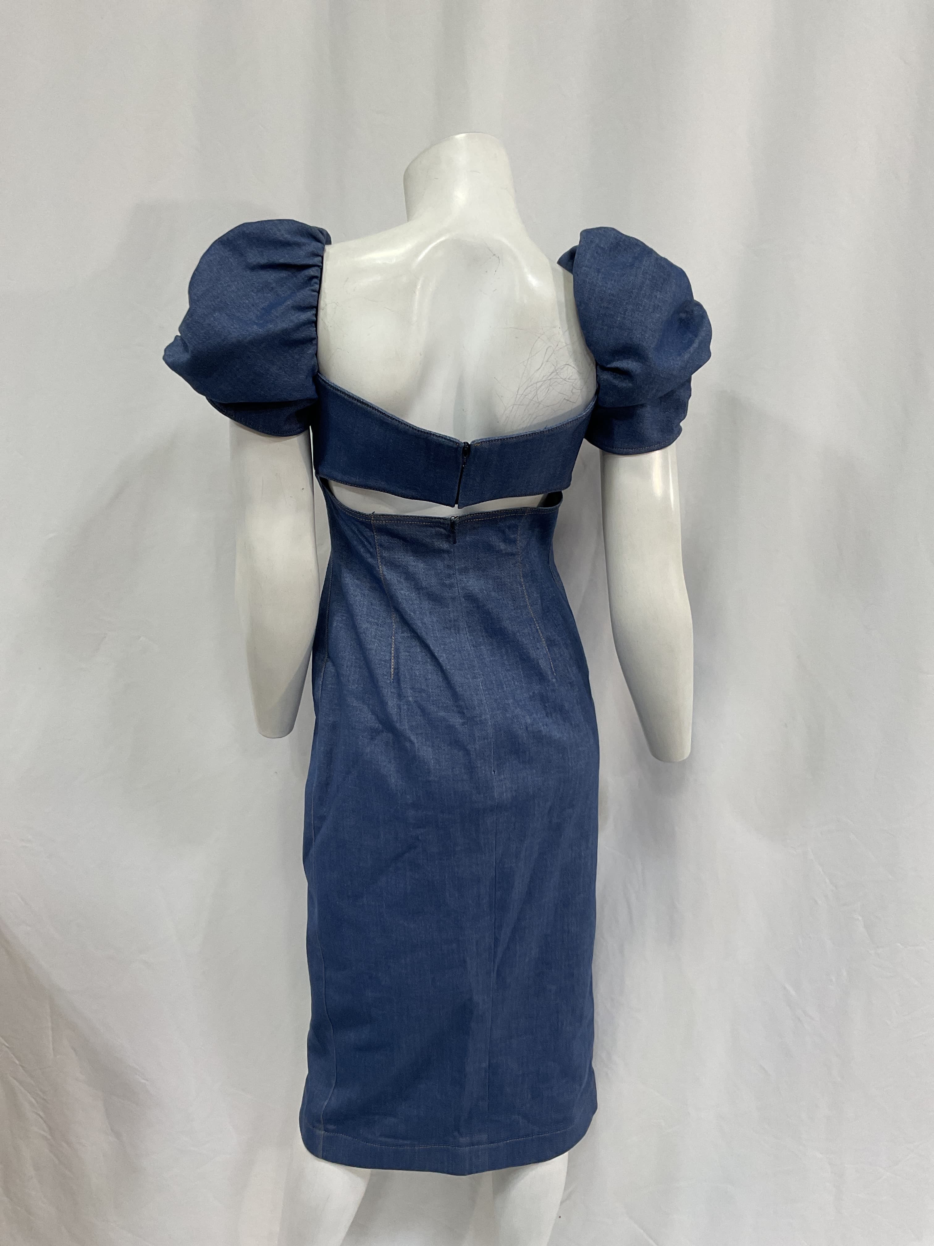 Puff-Sleeve Bustier Denim Dress - Image 2