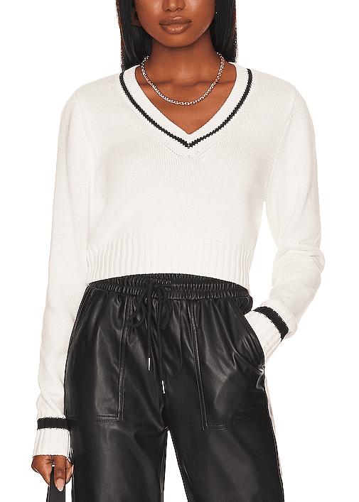 V Neck Cable Sweater In Sweet Cream & Black - Image 1