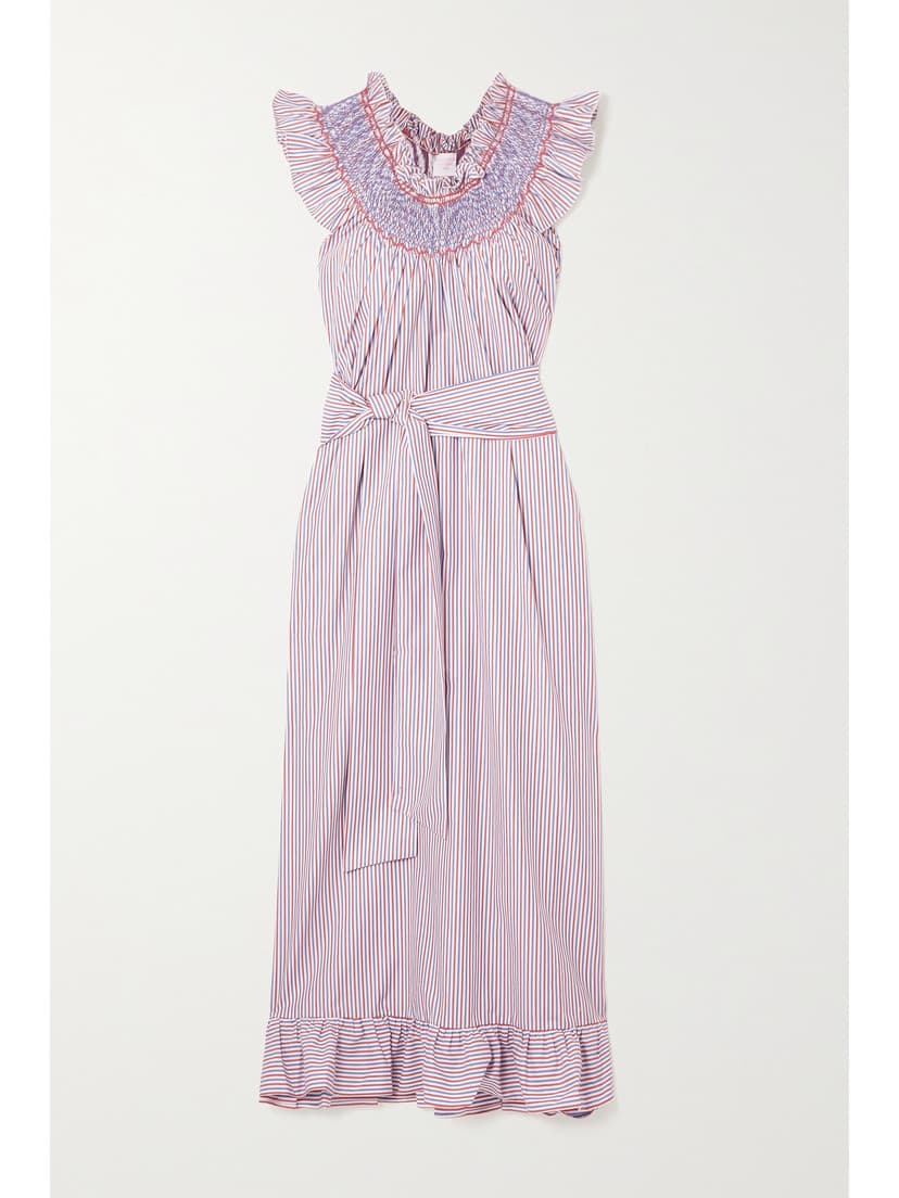 Delfina Belted Ruffled Smocked Striped Cotton-Poplin Midi Dress - Image 1