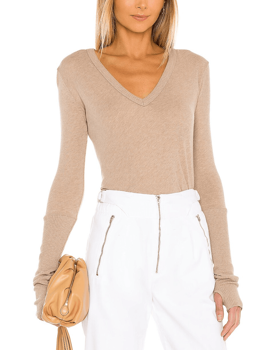Rib Cuff V Neck Long Sleeve Tee - Image 1