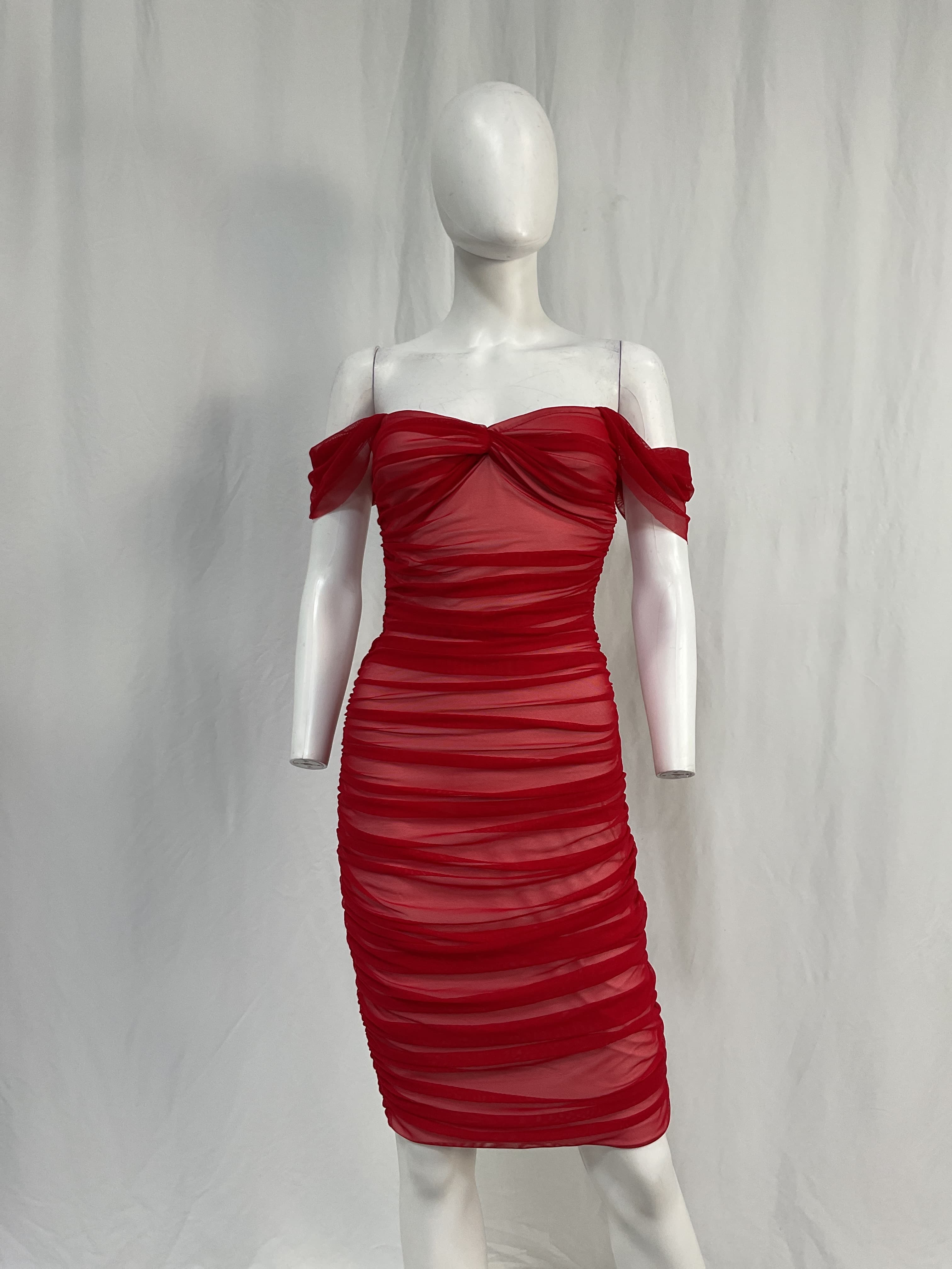 Walter Midi Dress With Winglet Sleeves In Tiger Red & Snow White - Image 2