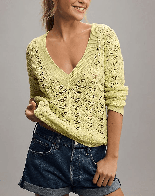 Flat White V-Neck Pointelle Sweater - Image 1