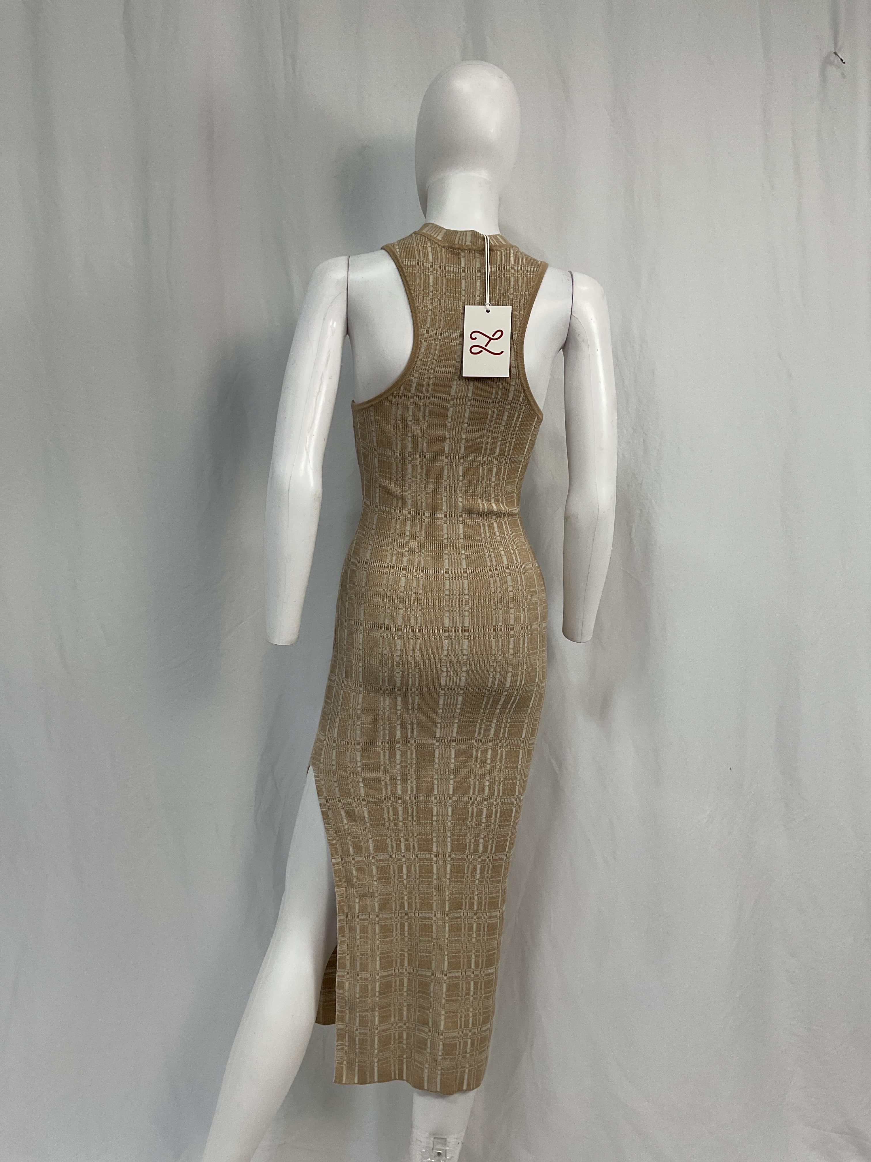 L'academie By Marianna Halia Midi Knit Dress With Slit In Beige Multi - Image 4