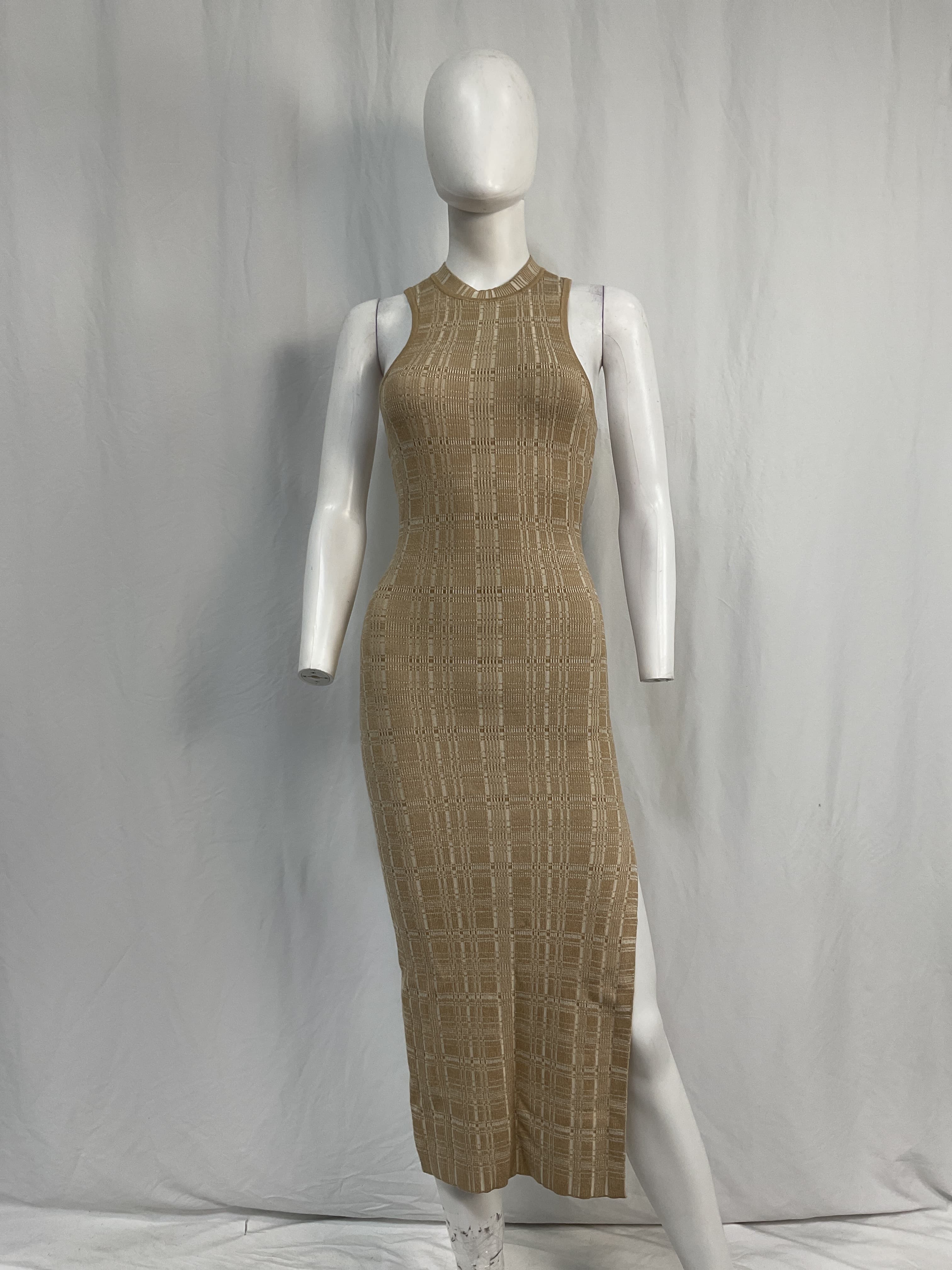 L'academie By Marianna Halia Midi Knit Dress With Slit In Beige Multi - Image 2