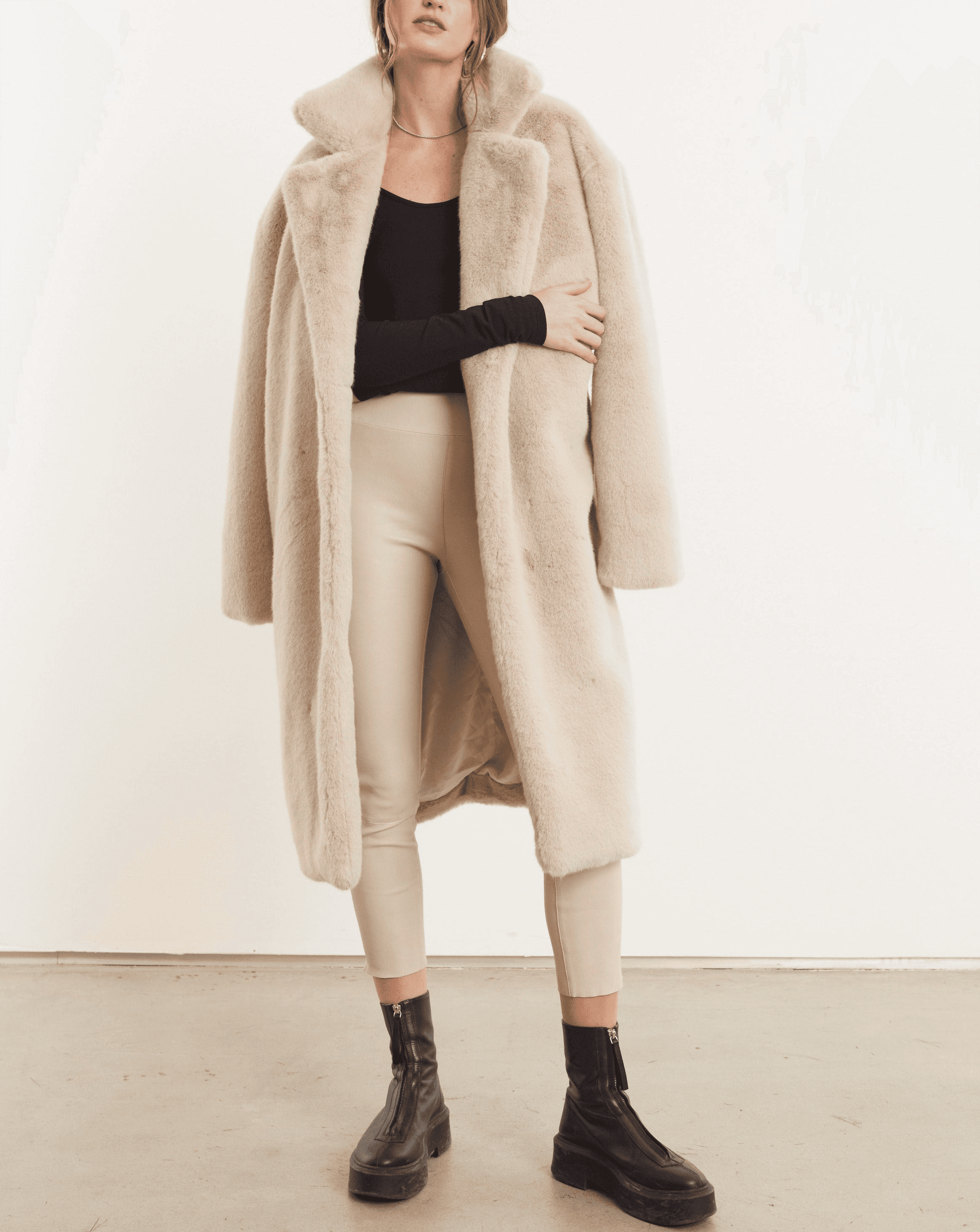 Off White Faux Fur Long Coat - Image 3