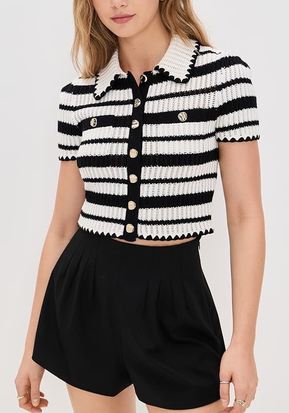 Cream And Black Striped Crochet Top - Image 1