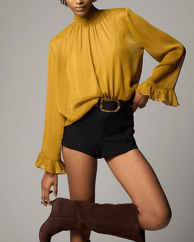 Long-Sleeve High-Neck Sheer Blouse - Image 1