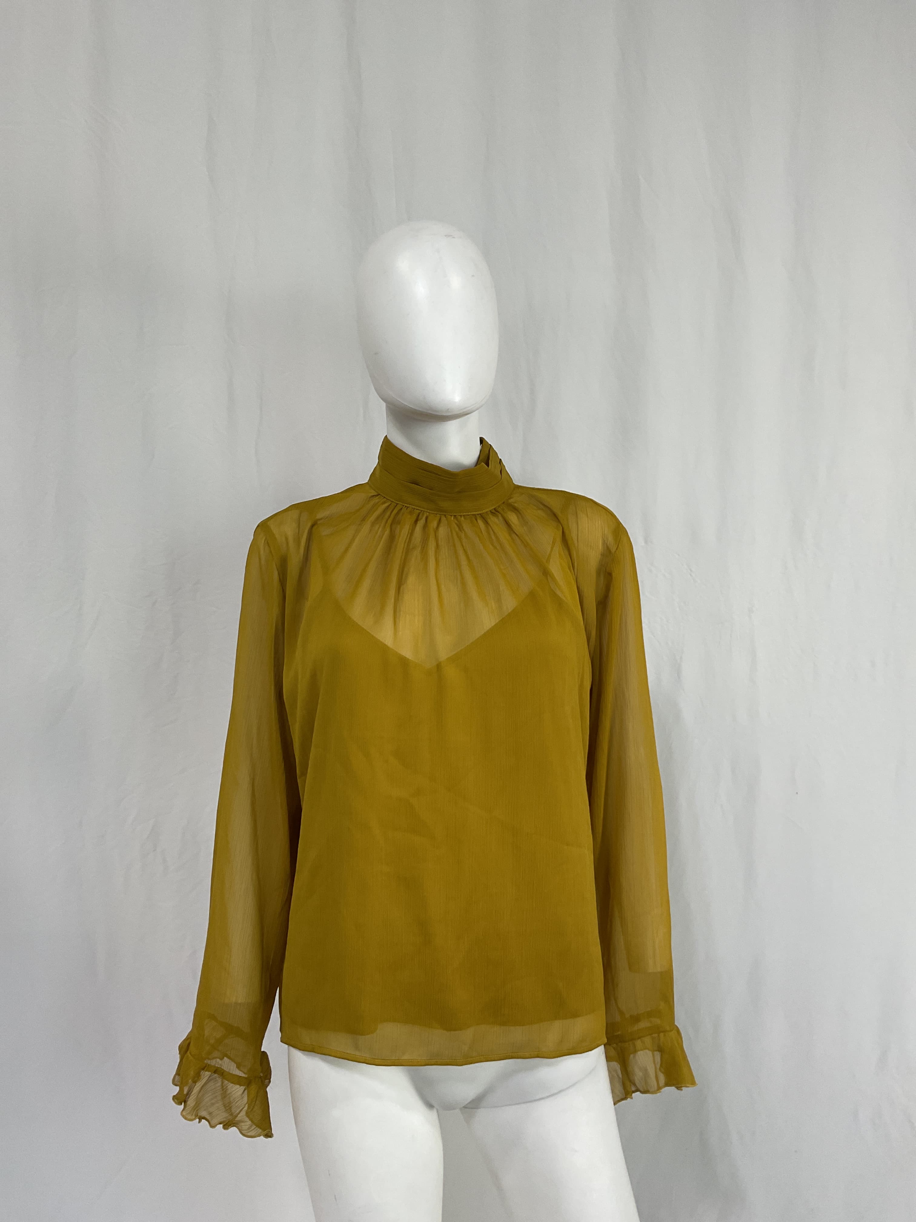 Long-Sleeve High-Neck Sheer Blouse - Image 2