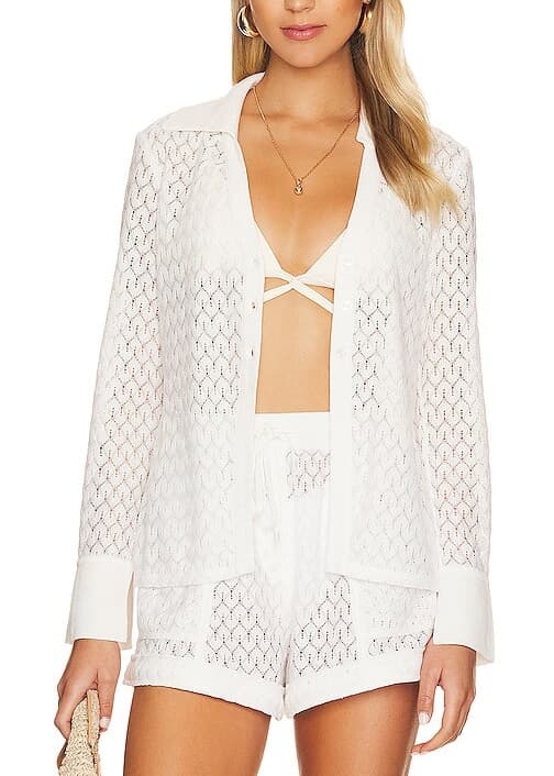 Tyler Crochet Lace Cover Up Collared Cardigan In White - Image 1