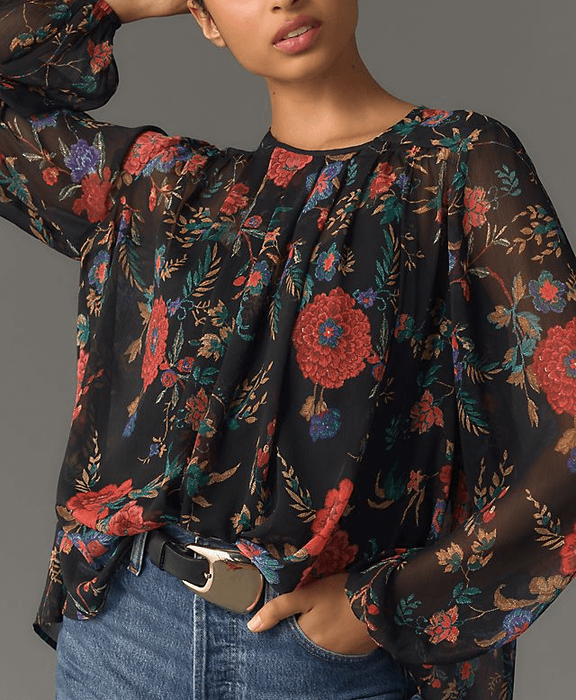Long-Sleeve Pleated Peasant Blouse - Image 1