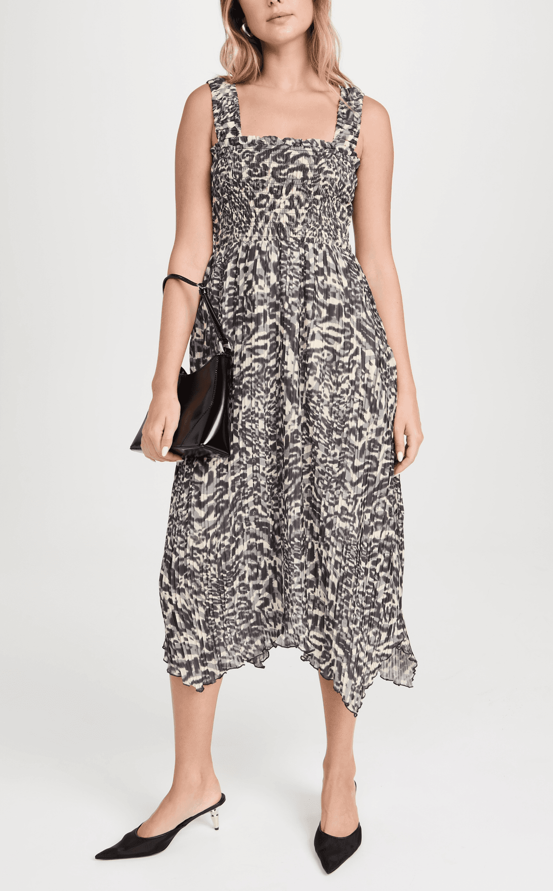 Pleated Georgette Smock Midi Strap Dress - Image 1