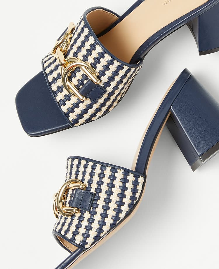 Chain Woven Leather Block Heel Straw Sandals - Image 1