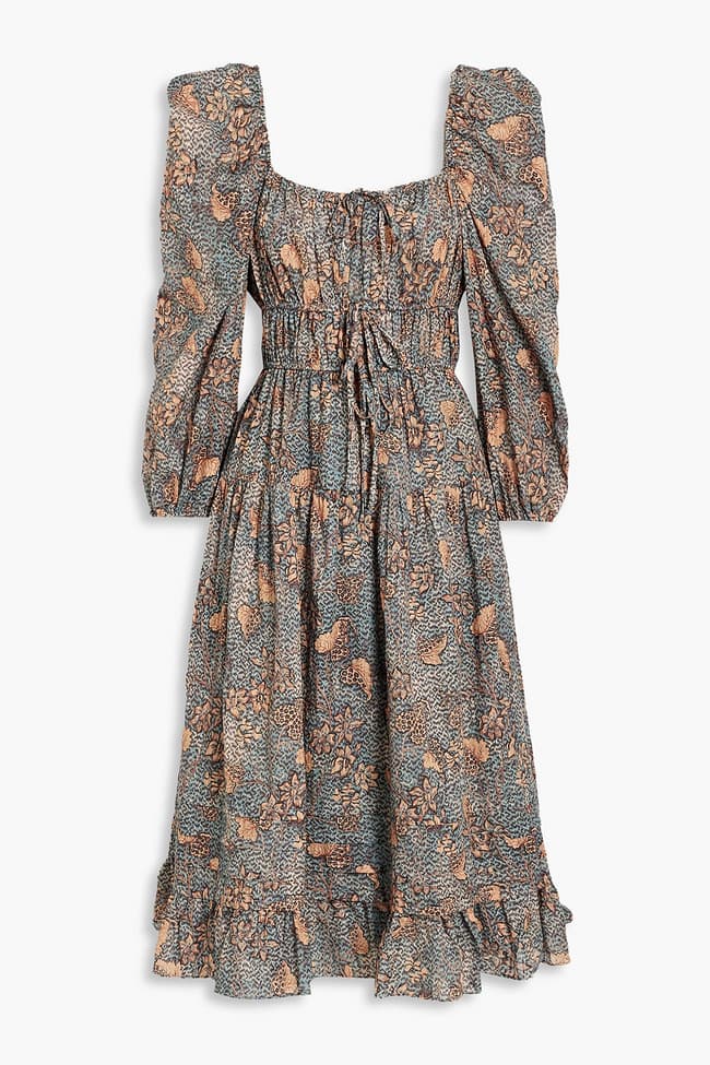 Isla Gathered Printed Cotton-Blend Voile Midi Dress - Image 1