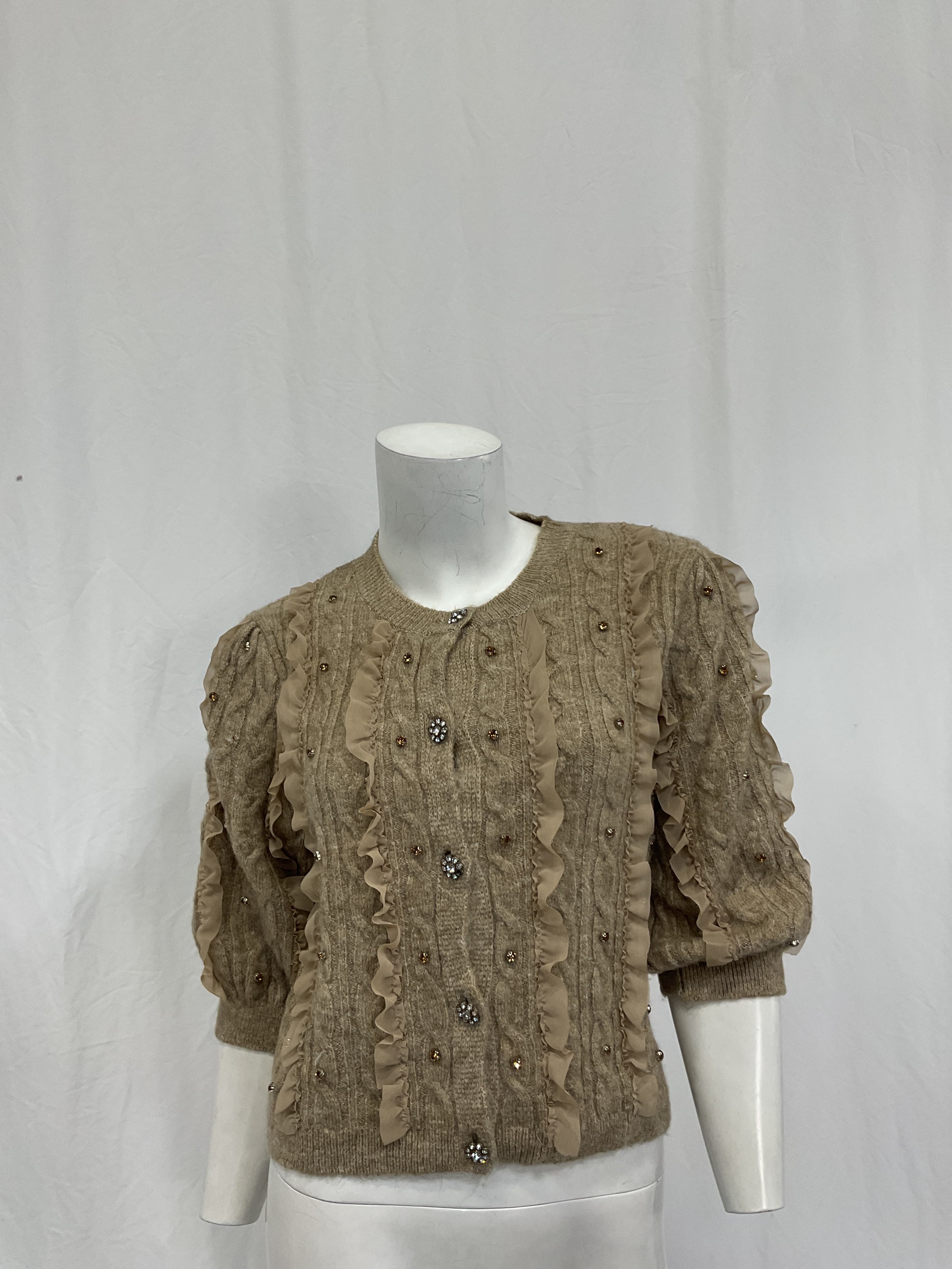Short-Sleeve Embellished Ruffled Cardigan Sweater - Image 2