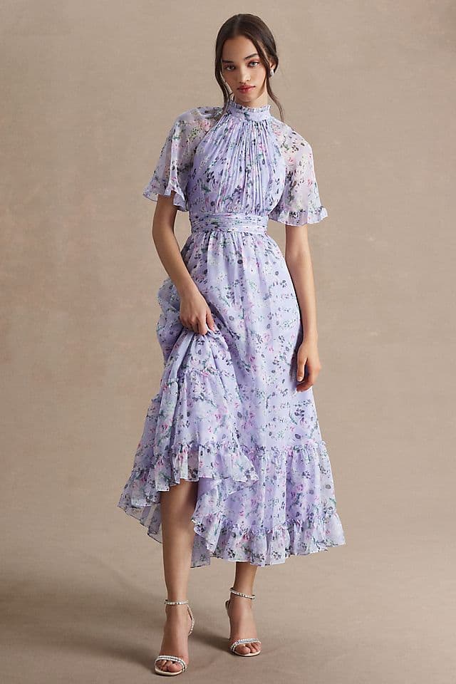 Ruffled High-Neck Raglan-Sleeve Printed Chiffon Dress - Image 1