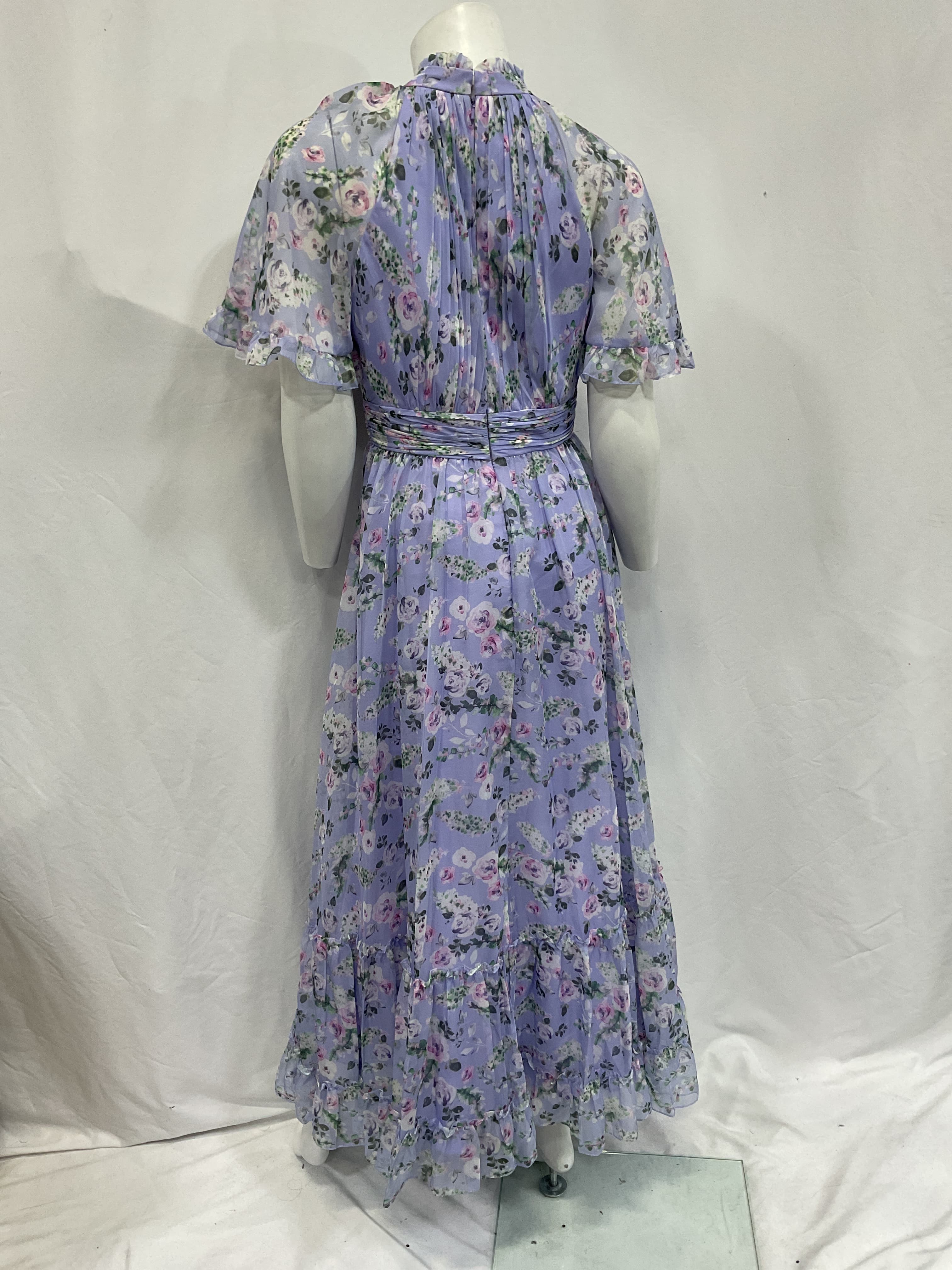 Ruffled High-Neck Raglan-Sleeve Printed Chiffon Dress - Image 2