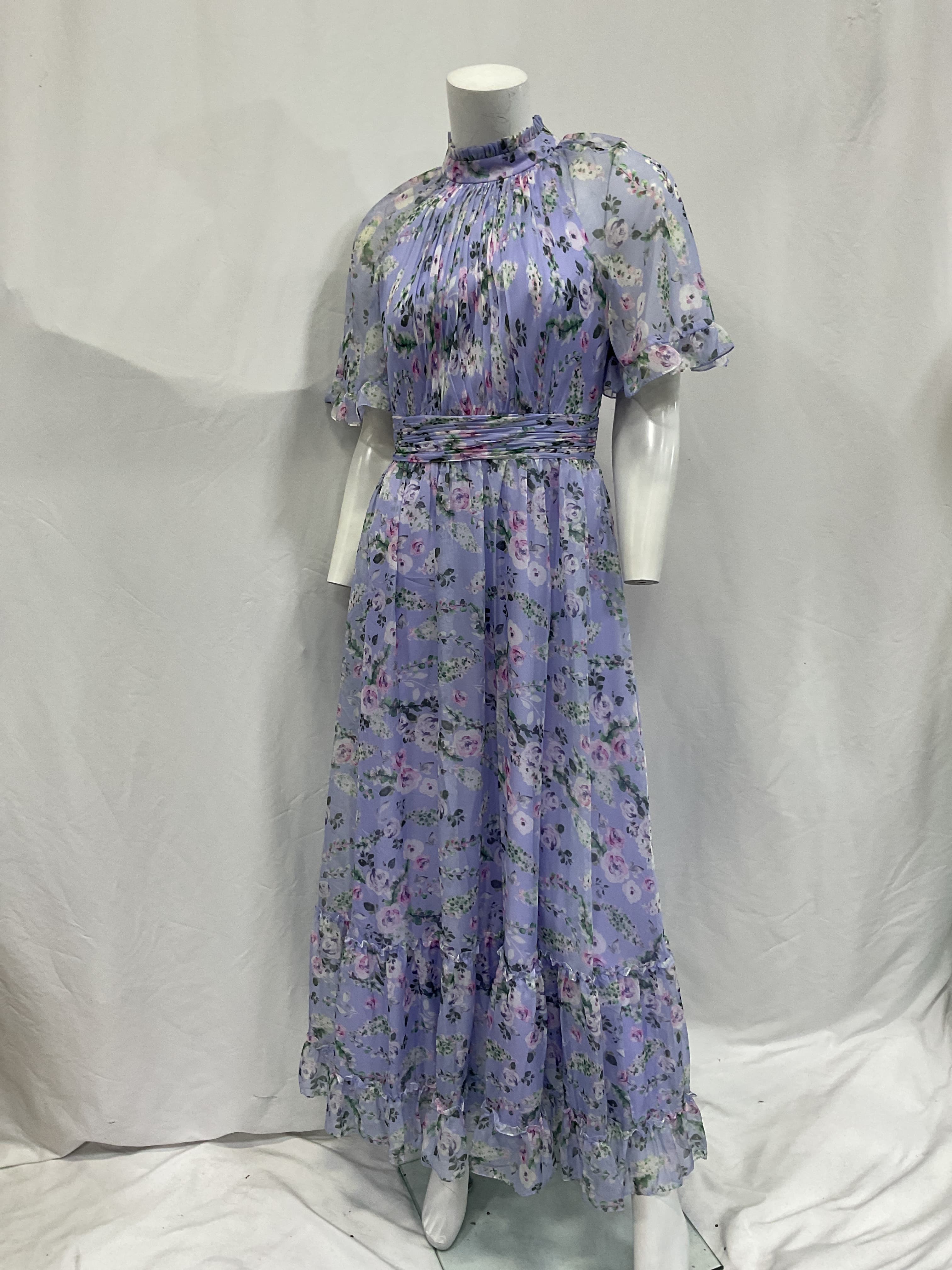 Ruffled High-Neck Raglan-Sleeve Printed Chiffon Dress - Image 3