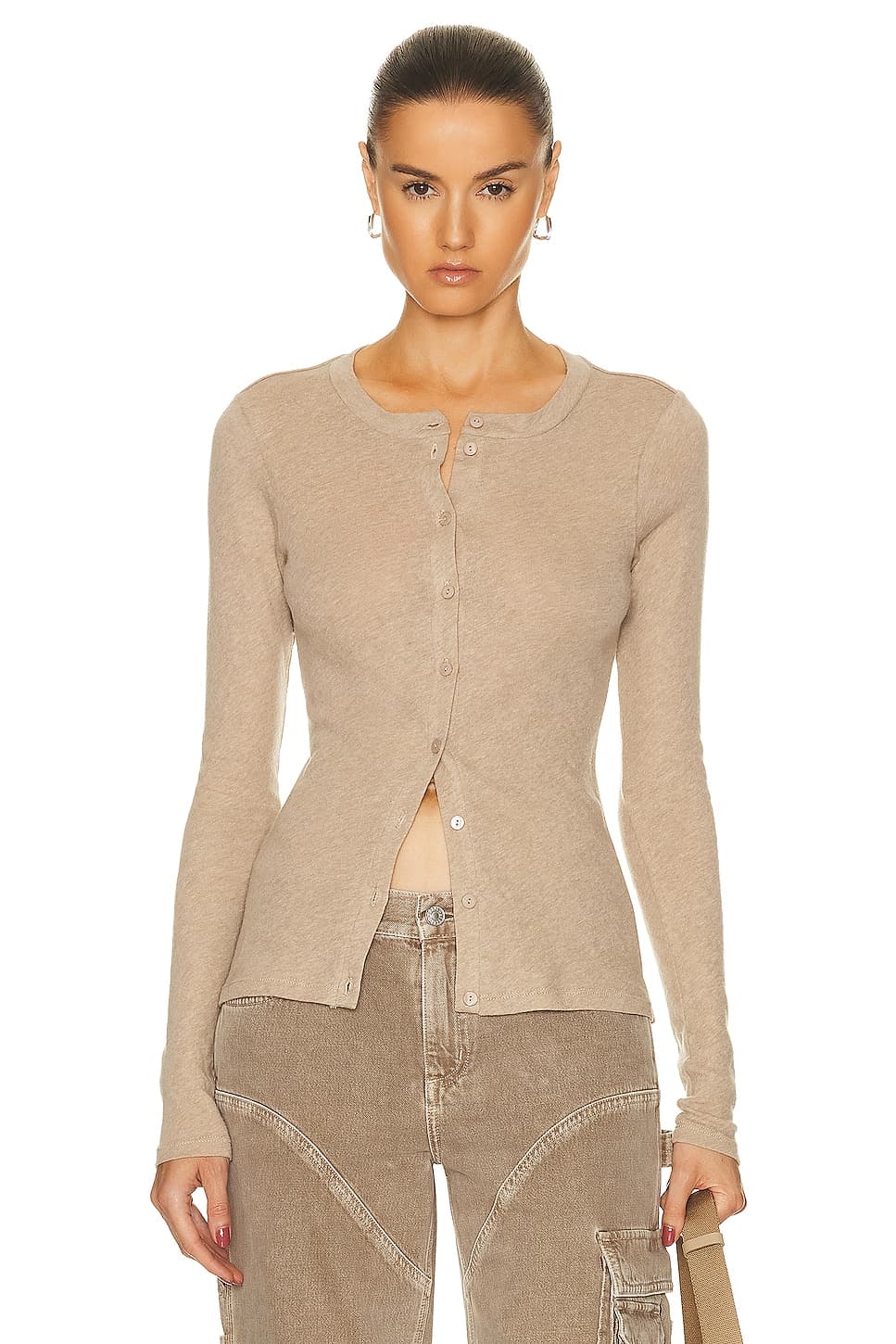 Cashmere Long Sleeve Cardigan In Khaki - Image 1