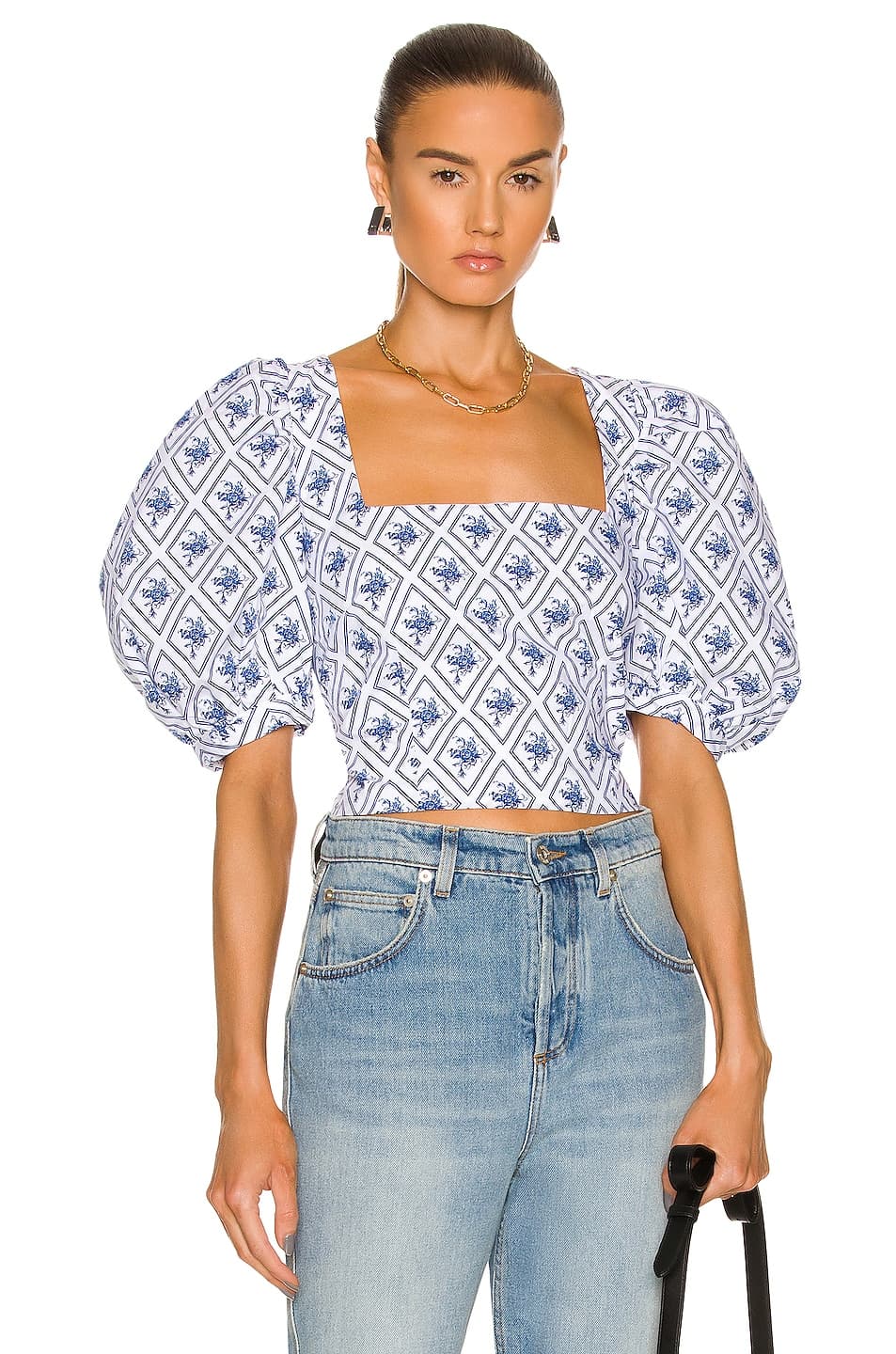 Tessa Top In Blue Diamond Toile - Image 1