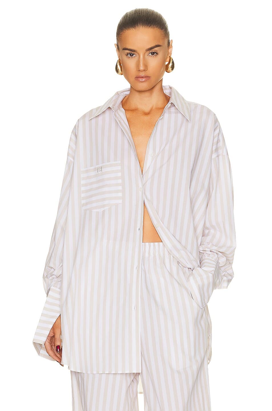 Cotton Poplin Stripe Oversized Shirt In Beige Stripe - Image 1