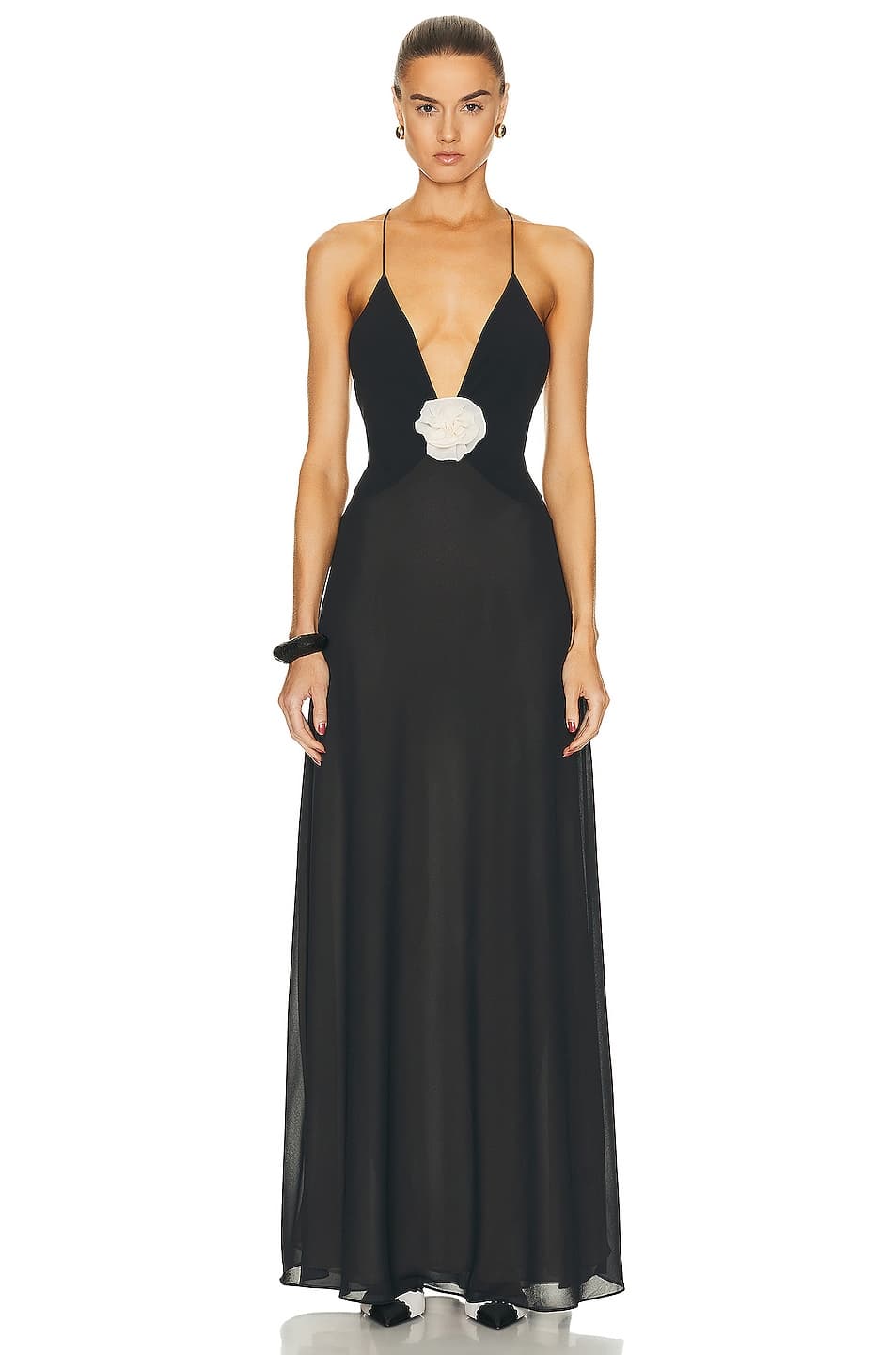 Sheer Deep V Long Slip Dress In Black - Image 1